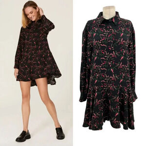 Peter Som Collective Black Floral Shirtdress Long Sleeve Pink Print Size 10